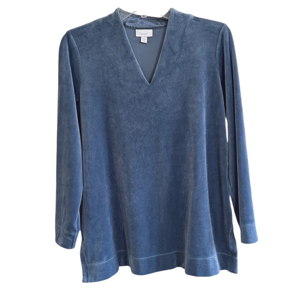 Pure Jill Blue Velour V-Neck Tunic Top Long Sleeve Stretch Petite Medium